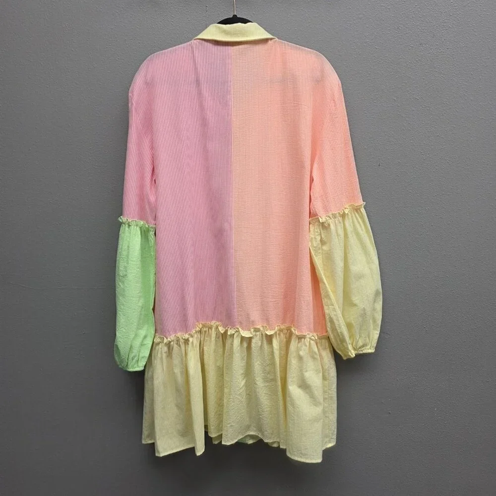 Davi Dani Dress Womens 1XL Pastel Stripe Colorblock Ruffle Hem Button Front - Picture 4 of 10